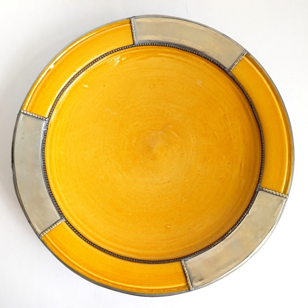 Moroccan Red Clay Serving Plate 14" Pewter &  Terracotta Vintage Handmade 🥇